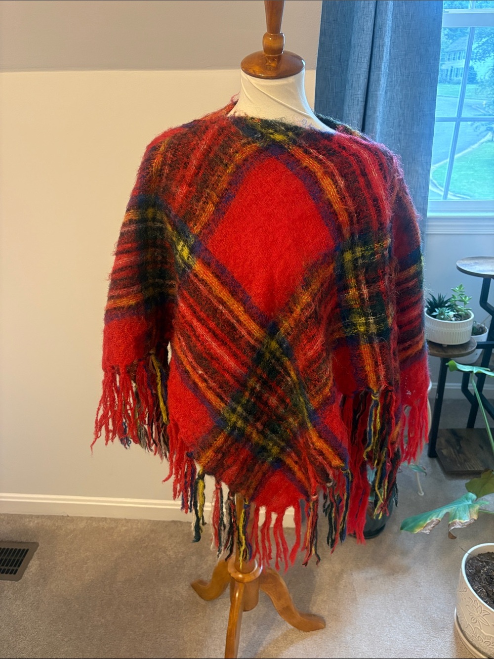 Cozy Red Plaid Fringe Poncho Sweater